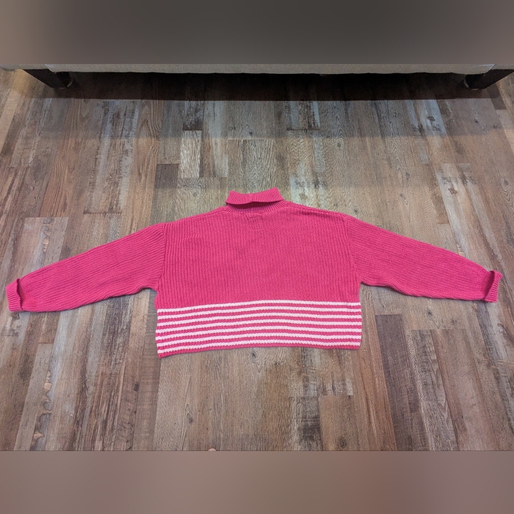 For Days Re-New Organic Cotton Knit Pink Striped Cropped Turtleneck Sweater M - Picture 2 of 15